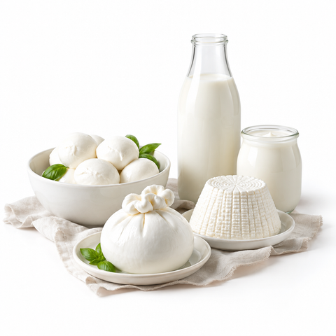 Mozzarelle, latticini, latte e yogurt su sfondo bianco
