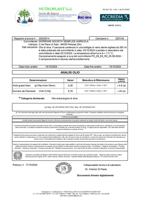 Olio extravergine di oliva bio cilentano di Pertosa
